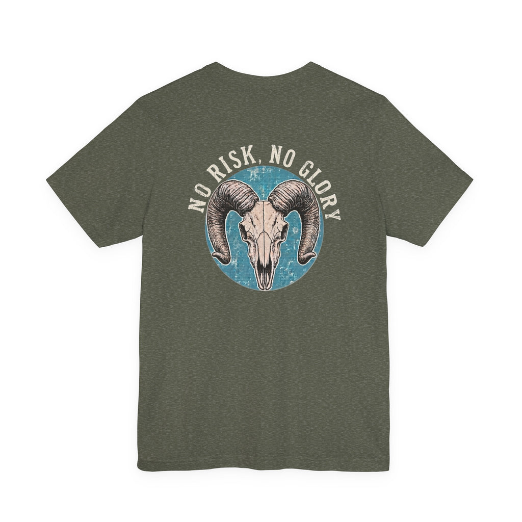 Ram Skull Tee — Vintage Ram Skull Graphic T-Shirt (Back Print: "No Risk No Glory")