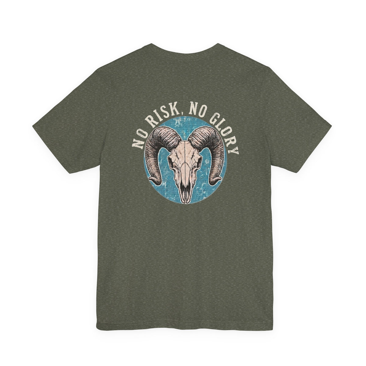 Ram Skull Tee — Vintage Ram Skull Graphic T-Shirt (Back Print: "No Risk No Glory")