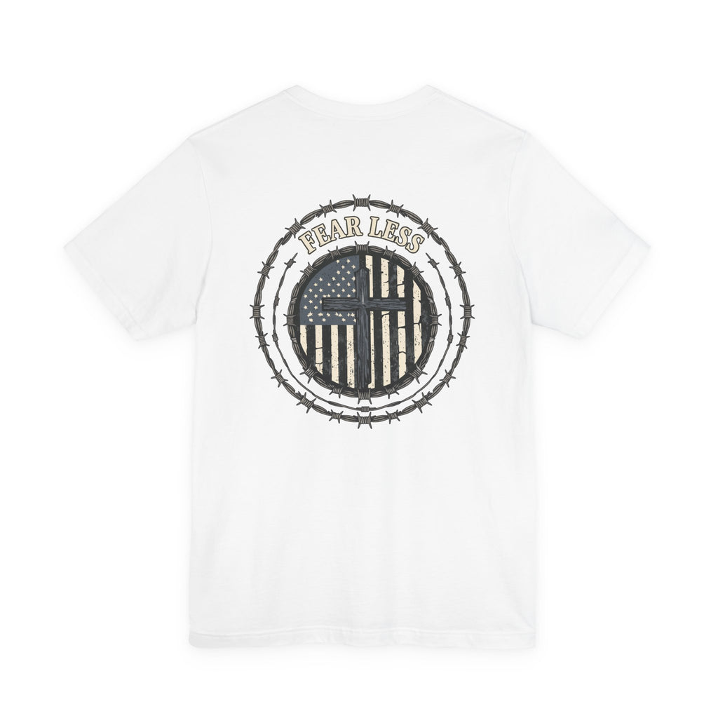 Fearless American Flag T‑Shirt — Distressed Barbed Wire Military Patriotic Tee