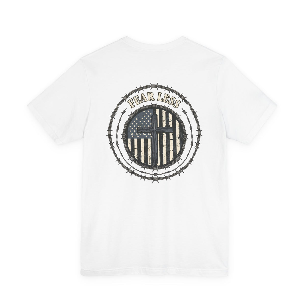 Fearless American Flag T‑Shirt — Distressed Barbed Wire Military Patriotic Tee