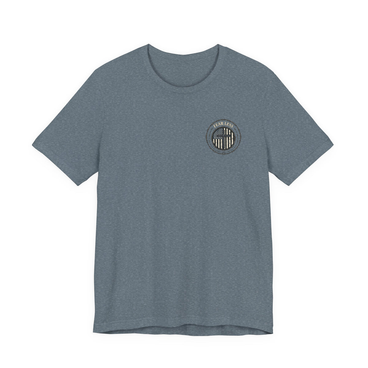 Fearless American Flag T‑Shirt — Distressed Barbed Wire Military Patriotic Tee
