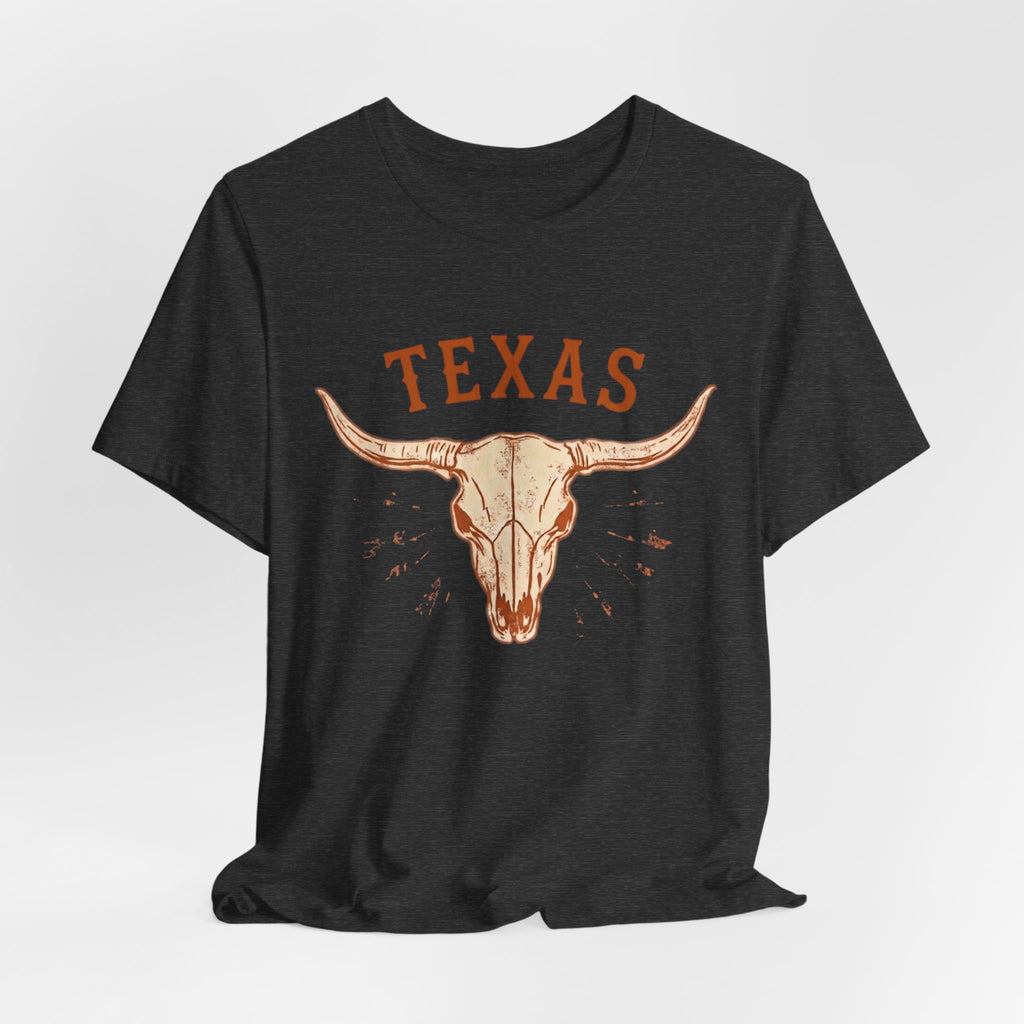 Texas Longhorn Skull T-Shirt — Minimalist Western Graphic Tee, Boho Cowgirl Apparel, Rustic Desert Shirt, Lone Star State Pride Top