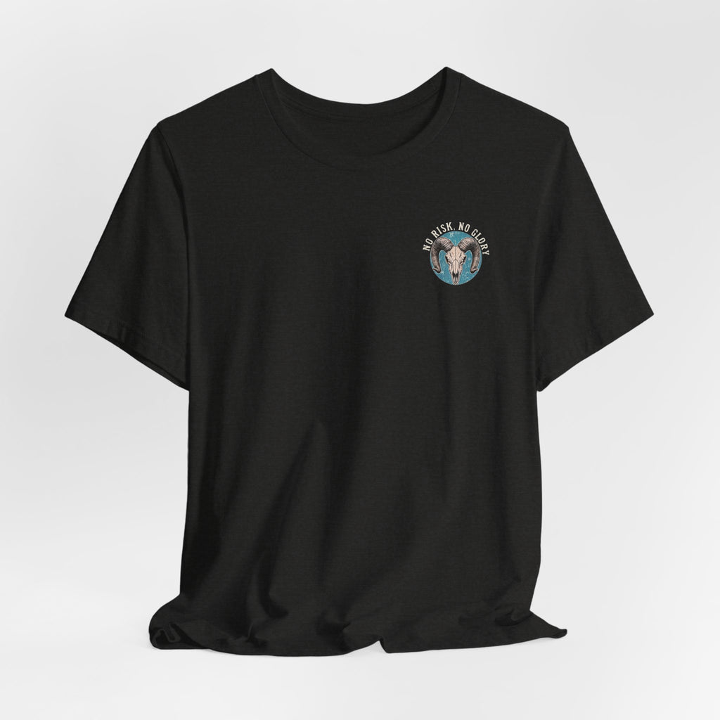 Ram Skull Tee — Vintage Ram Skull Graphic T-Shirt (Back Print: "No Risk No Glory")