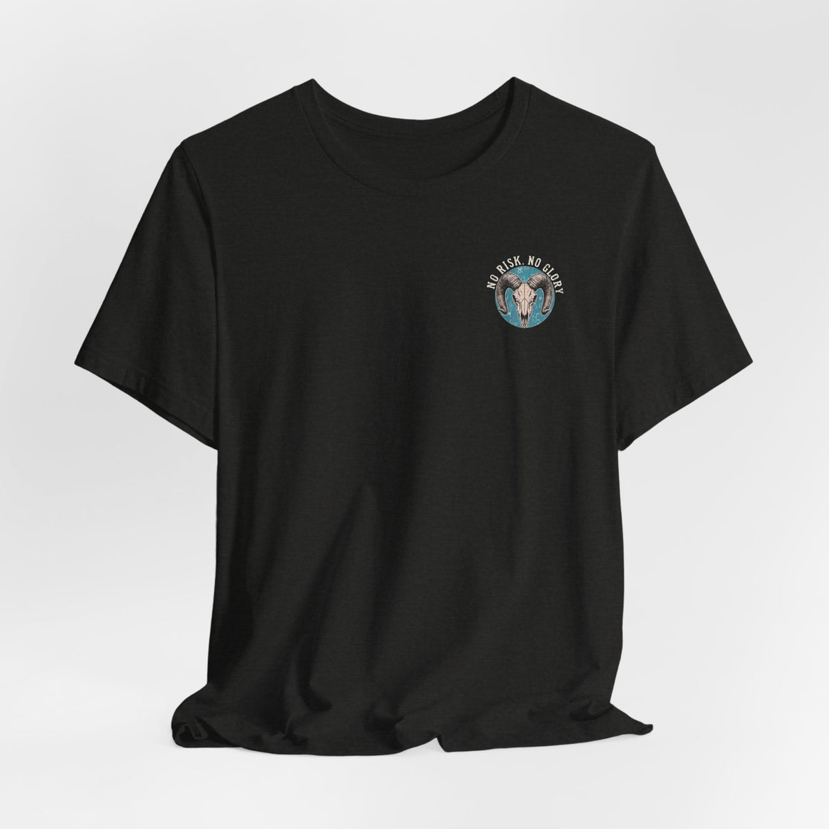 Ram Skull Tee — Vintage Ram Skull Graphic T-Shirt (Back Print: "No Risk No Glory")