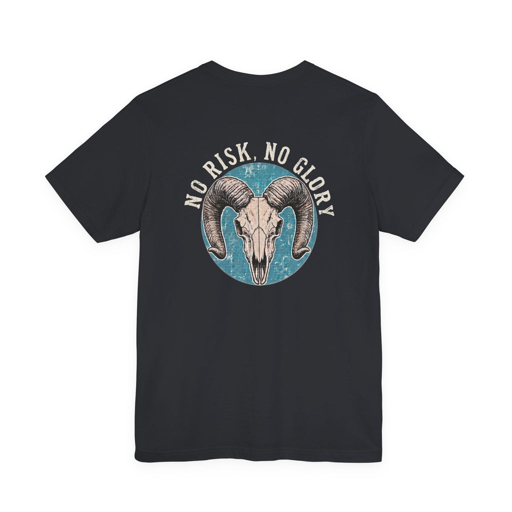Ram Skull Tee — Vintage Ram Skull Graphic T-Shirt (Back Print: "No Risk No Glory")