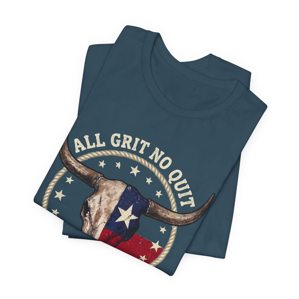 Texas Longhorn Skull Tee - "All Grit No Quit" Vintage Flag Graphic T-Shirt