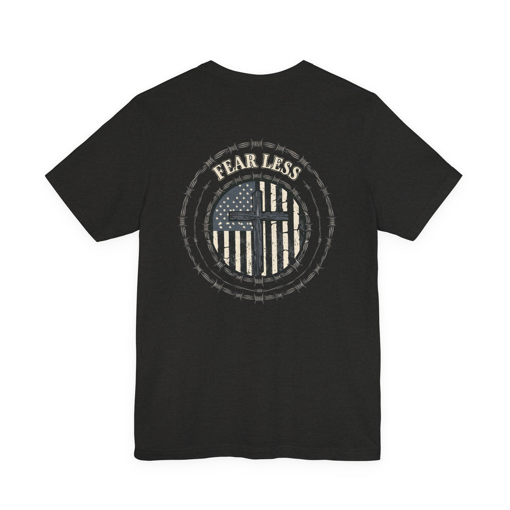 Fearless American Flag T‑Shirt — Distressed Barbed Wire Military Patriotic Tee