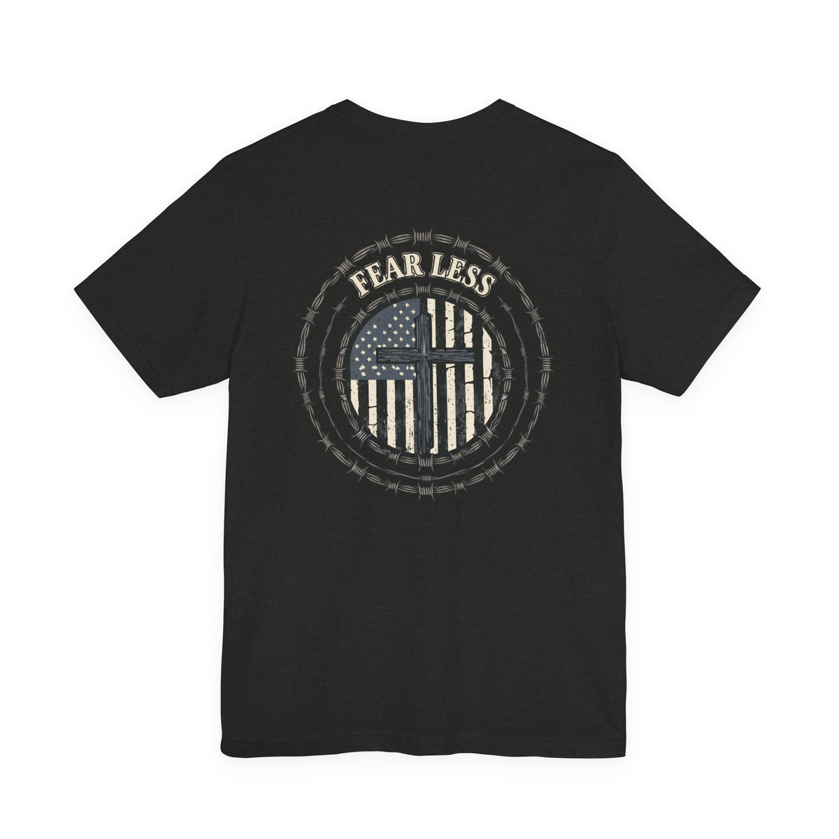 Fearless American Flag T‑Shirt — Distressed Barbed Wire Military Patriotic Tee