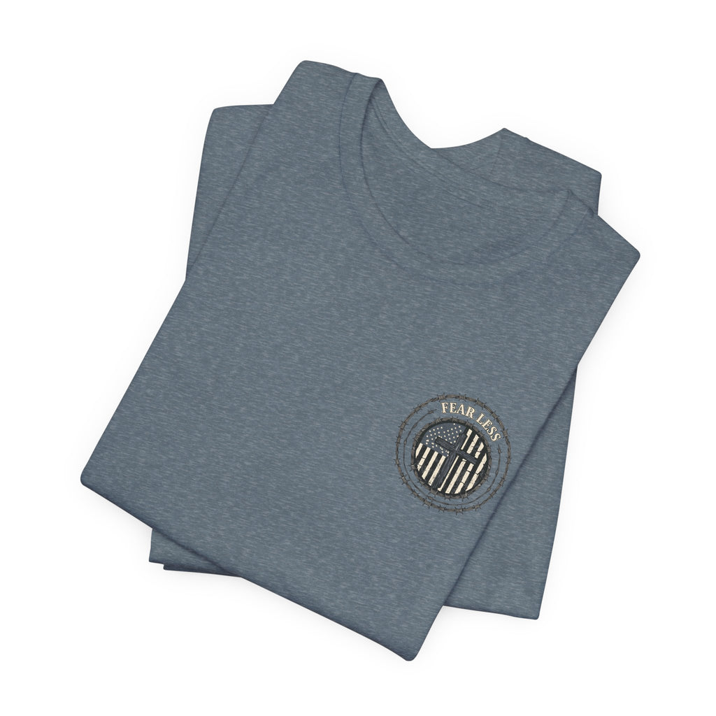 Fearless American Flag T‑Shirt — Distressed Barbed Wire Military Patriotic Tee