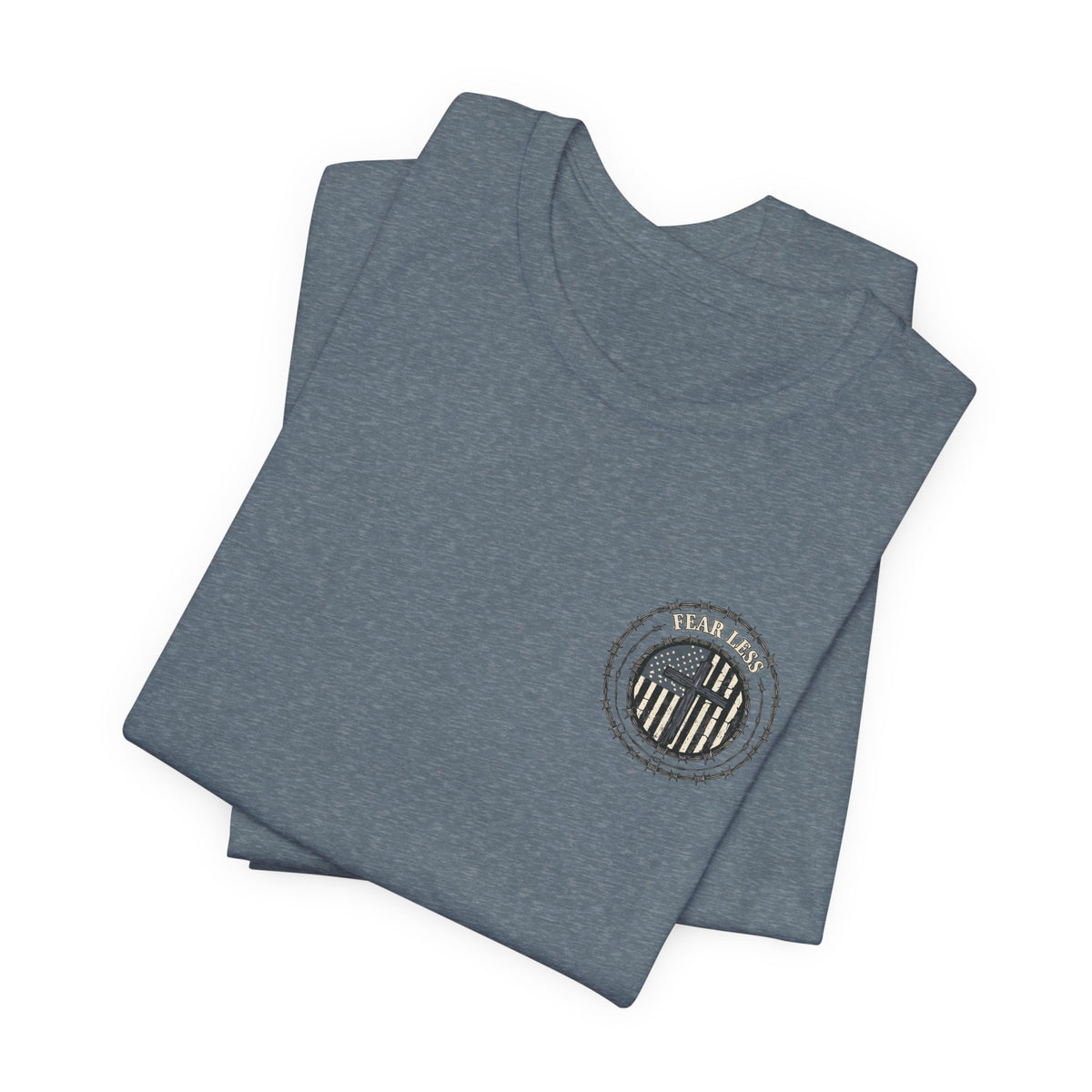 Fearless American Flag T‑Shirt — Distressed Barbed Wire Military Patriotic Tee