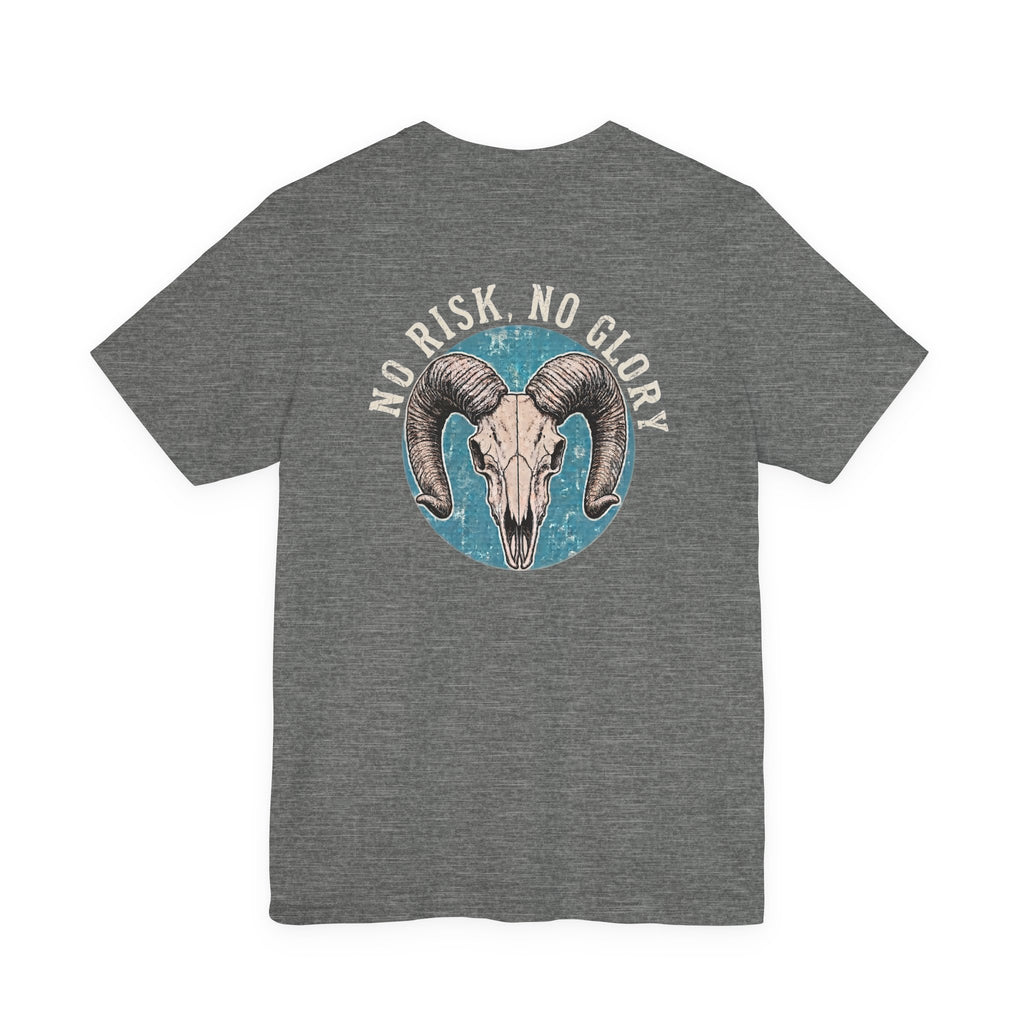 Ram Skull Tee — Vintage Ram Skull Graphic T-Shirt (Back Print: "No Risk No Glory")
