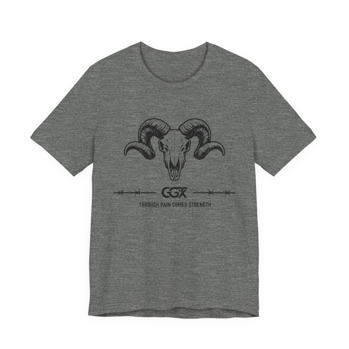 Ram Skull Graphic Tee — "Through Pain Comes Strength" Motivational T-Shirt
