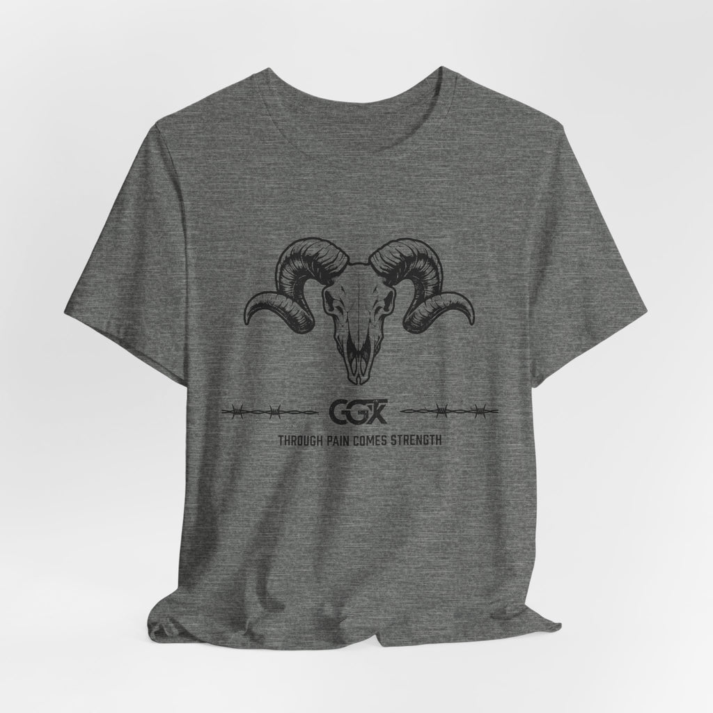 Ram Skull Graphic Tee — "Through Pain Comes Strength" Motivational T-Shirt