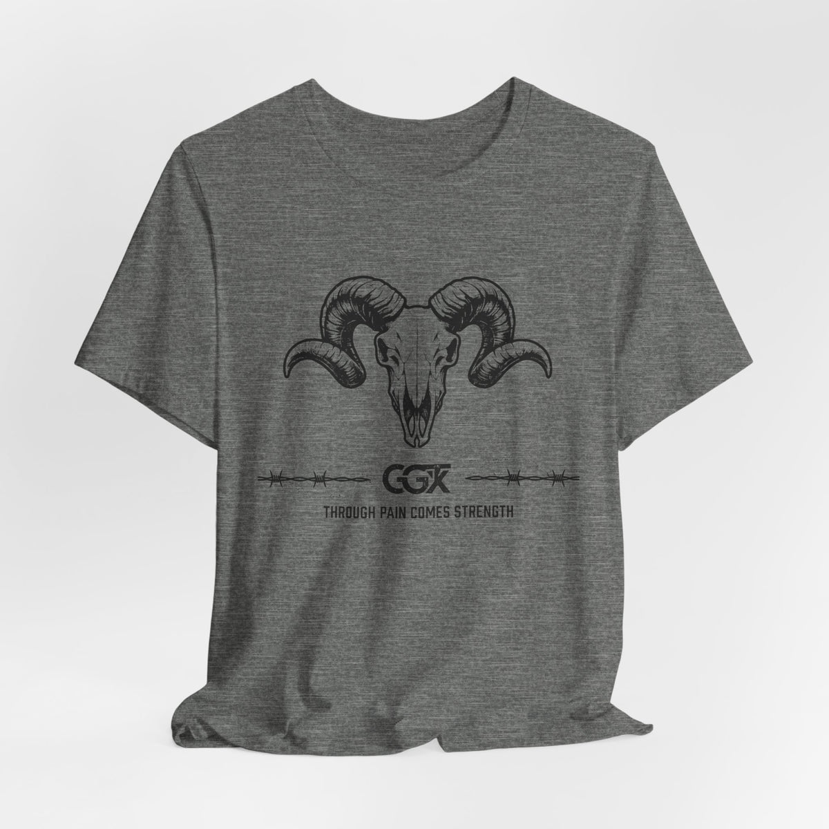 Ram Skull Graphic Tee — "Through Pain Comes Strength" Motivational T-Shirt