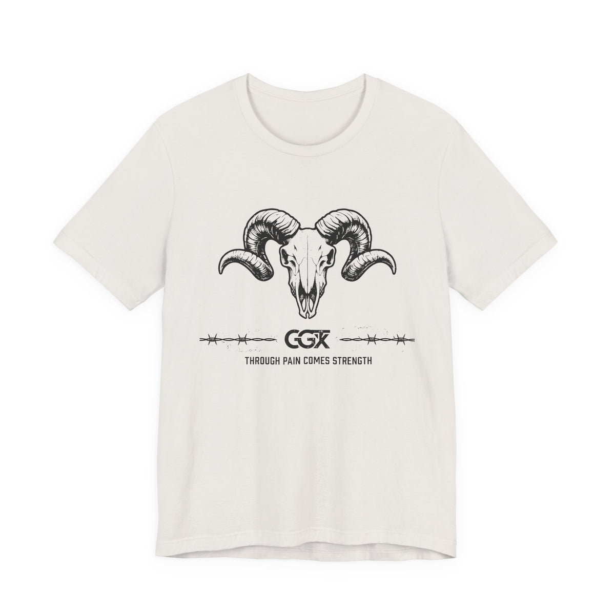 Ram Skull Graphic Tee — "Through Pain Comes Strength" Motivational T-Shirt