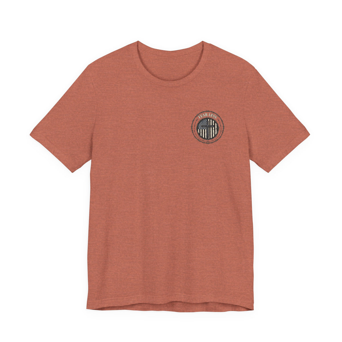 Fearless American Flag T‑Shirt — Distressed Barbed Wire Military Patriotic Tee