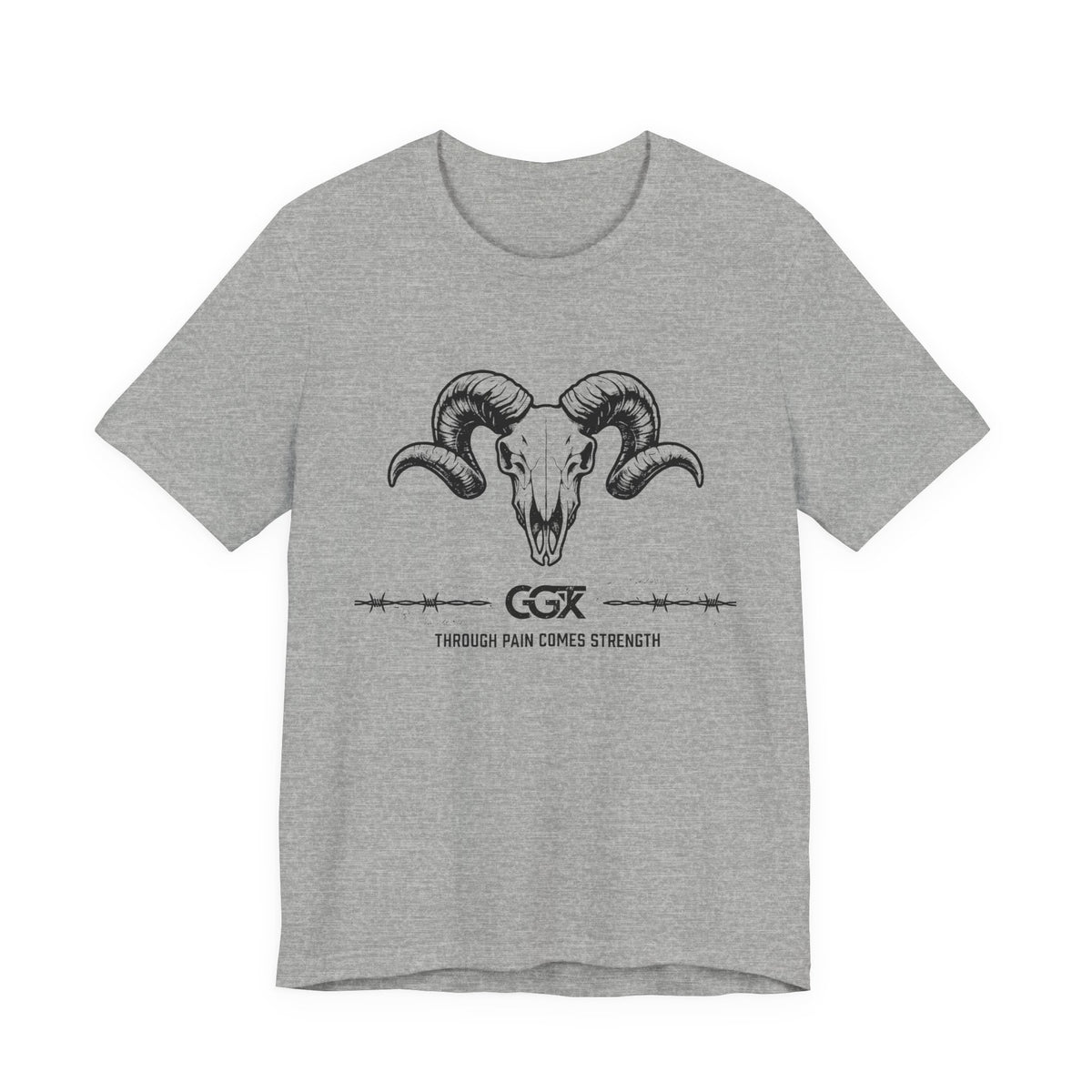 Ram Skull Graphic Tee — "Through Pain Comes Strength" Motivational T-Shirt