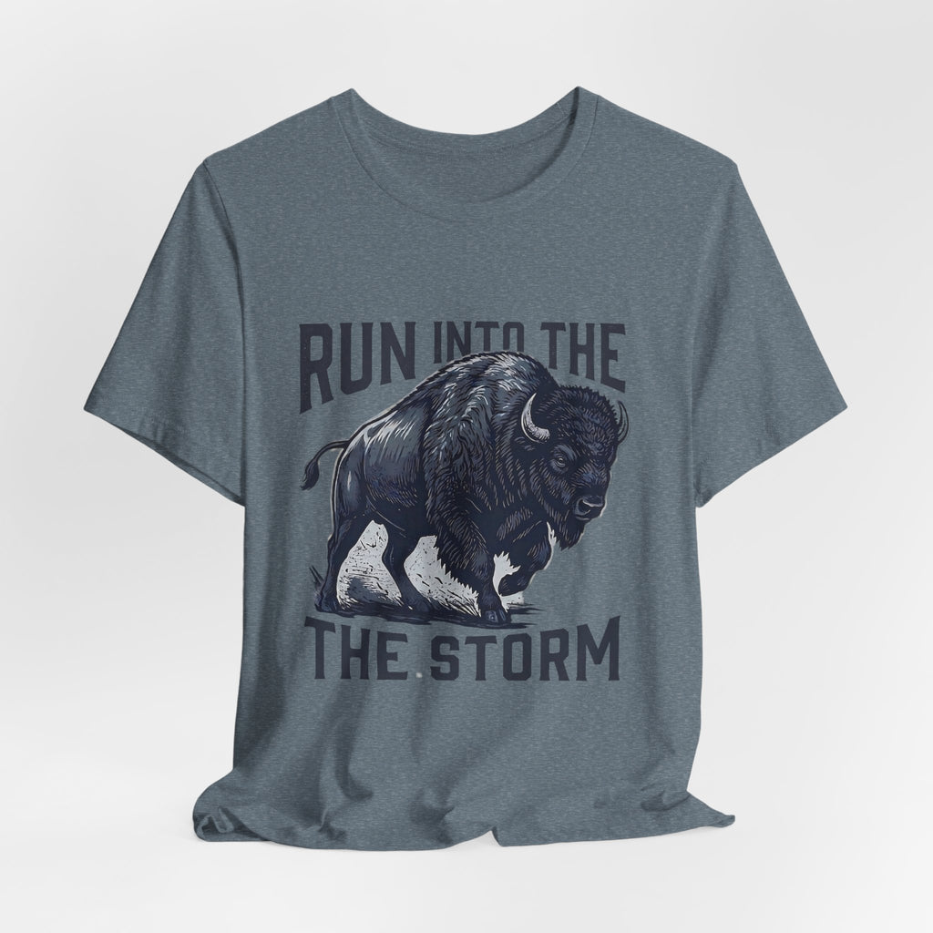 Run Into The Storm Buffalo Tee — Motivational Graphic T‑Shirt