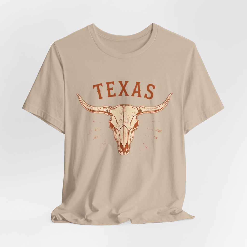 Texas Longhorn Skull T-Shirt — Minimalist Western Graphic Tee, Boho Cowgirl Apparel, Rustic Desert Shirt, Lone Star State Pride Top
