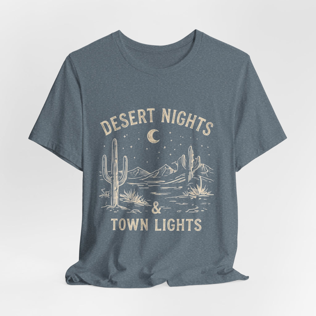 Desert Nights & Town Lights T-Shirt — Cactus Graphic Tee, Western Night Sky Apparel, Boho Desert Shirt, Country Music Top