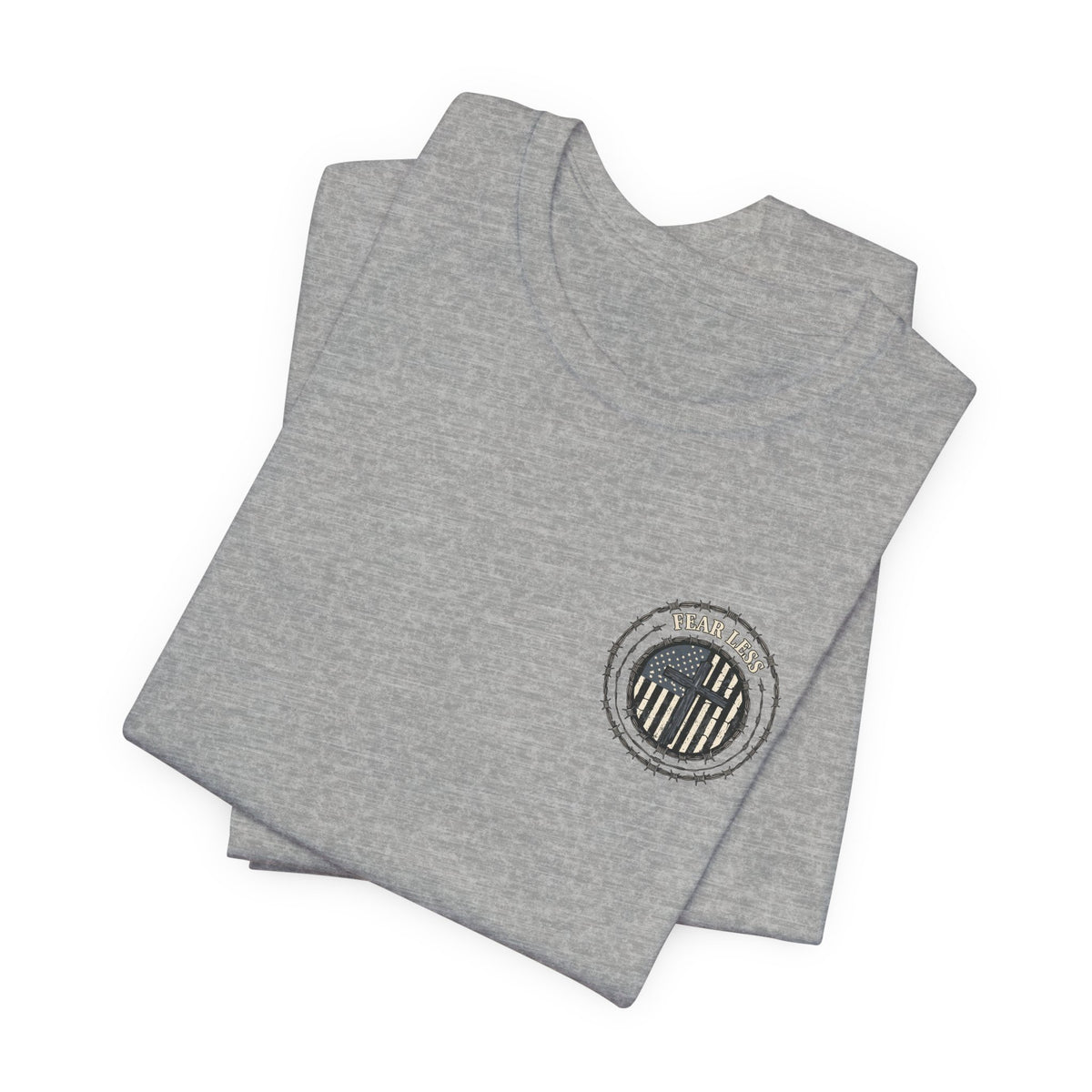 Fearless American Flag T‑Shirt — Distressed Barbed Wire Military Patriotic Tee