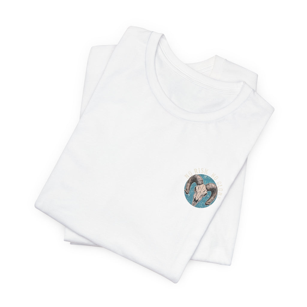 Ram Skull Tee — Vintage Ram Skull Graphic T-Shirt (Back Print: "No Risk No Glory")