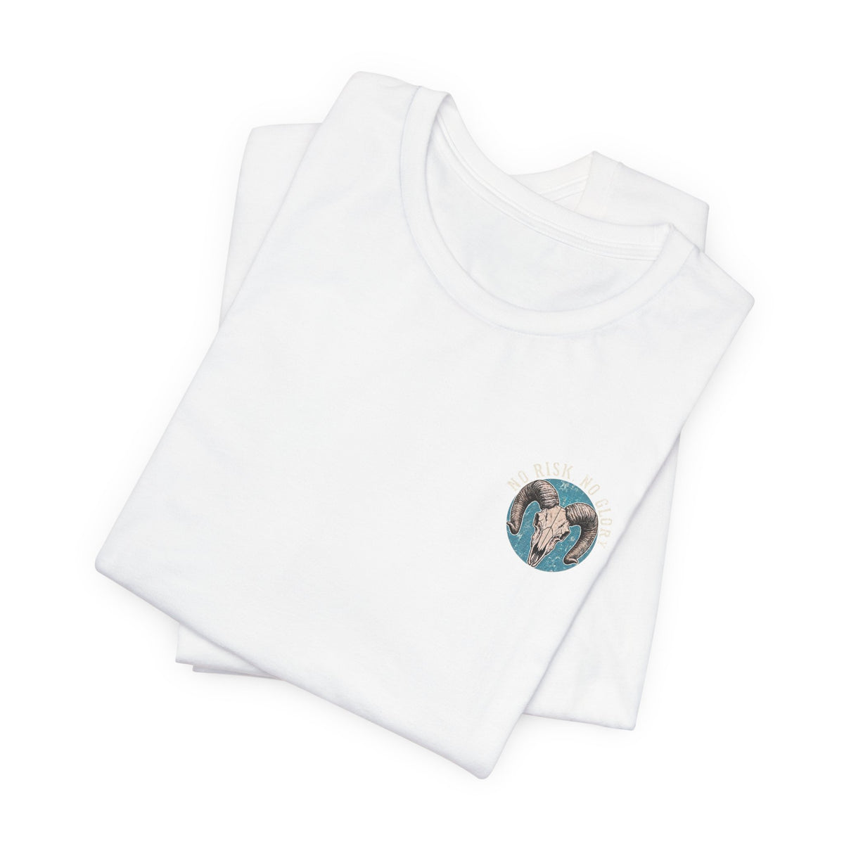 Ram Skull Tee — Vintage Ram Skull Graphic T-Shirt (Back Print: "No Risk No Glory")