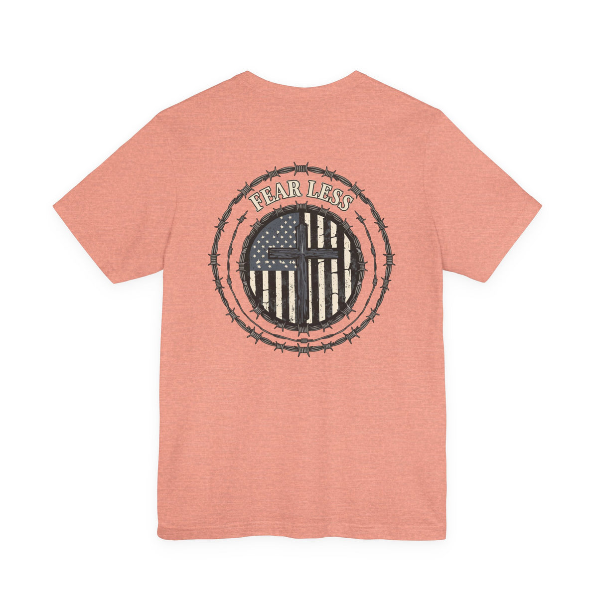 Fearless American Flag T‑Shirt — Distressed Barbed Wire Military Patriotic Tee