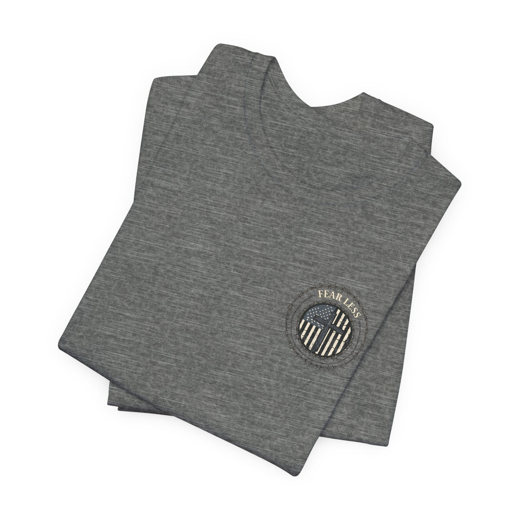 Fearless American Flag T‑Shirt — Distressed Barbed Wire Military Patriotic Tee