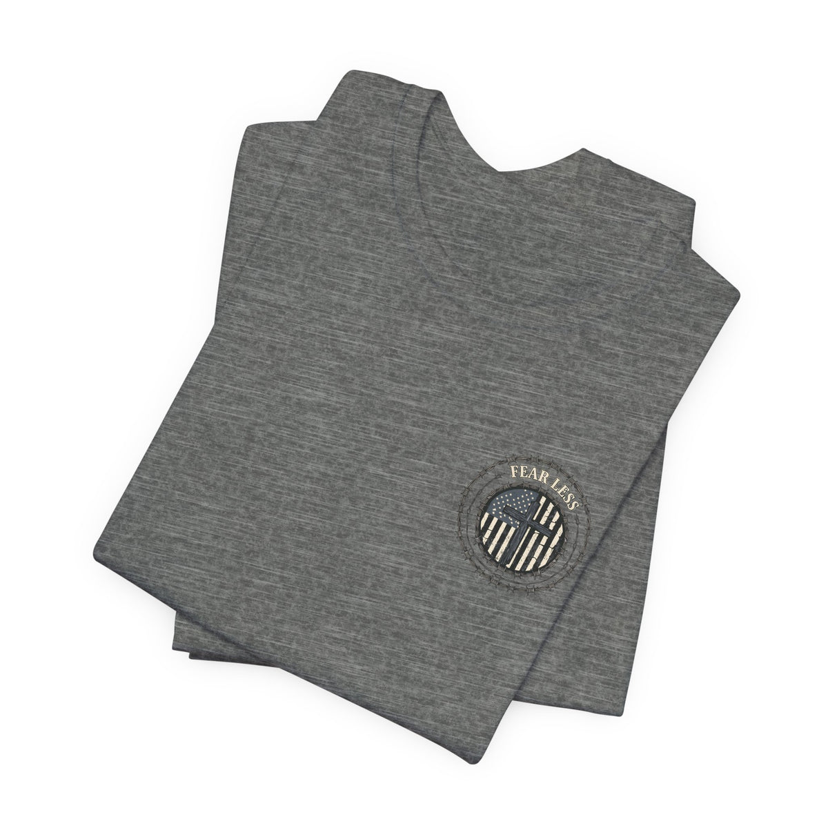 Fearless American Flag T‑Shirt — Distressed Barbed Wire Military Patriotic Tee