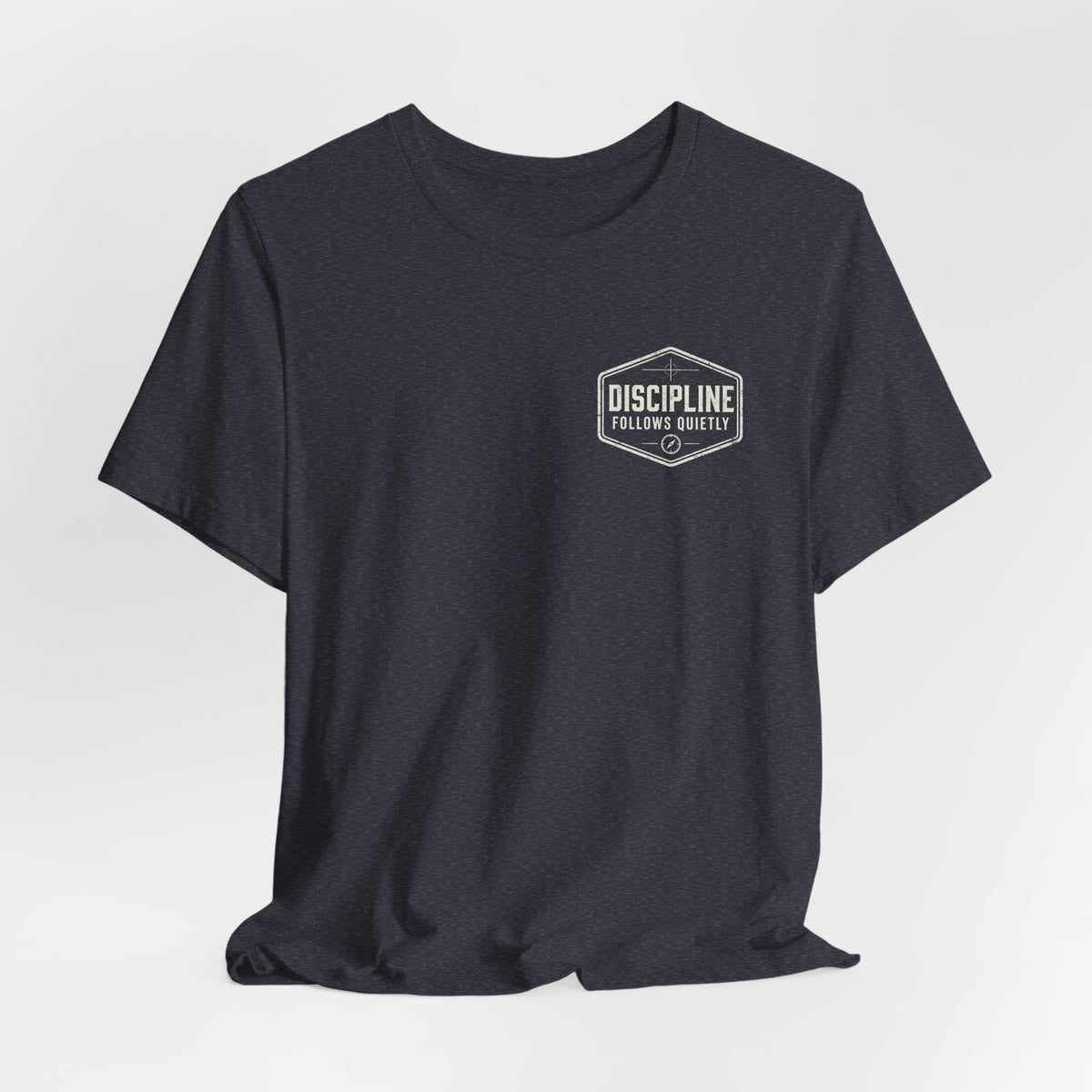 "Discipline Follows Quietly" Motivational Badge Graphic Tee