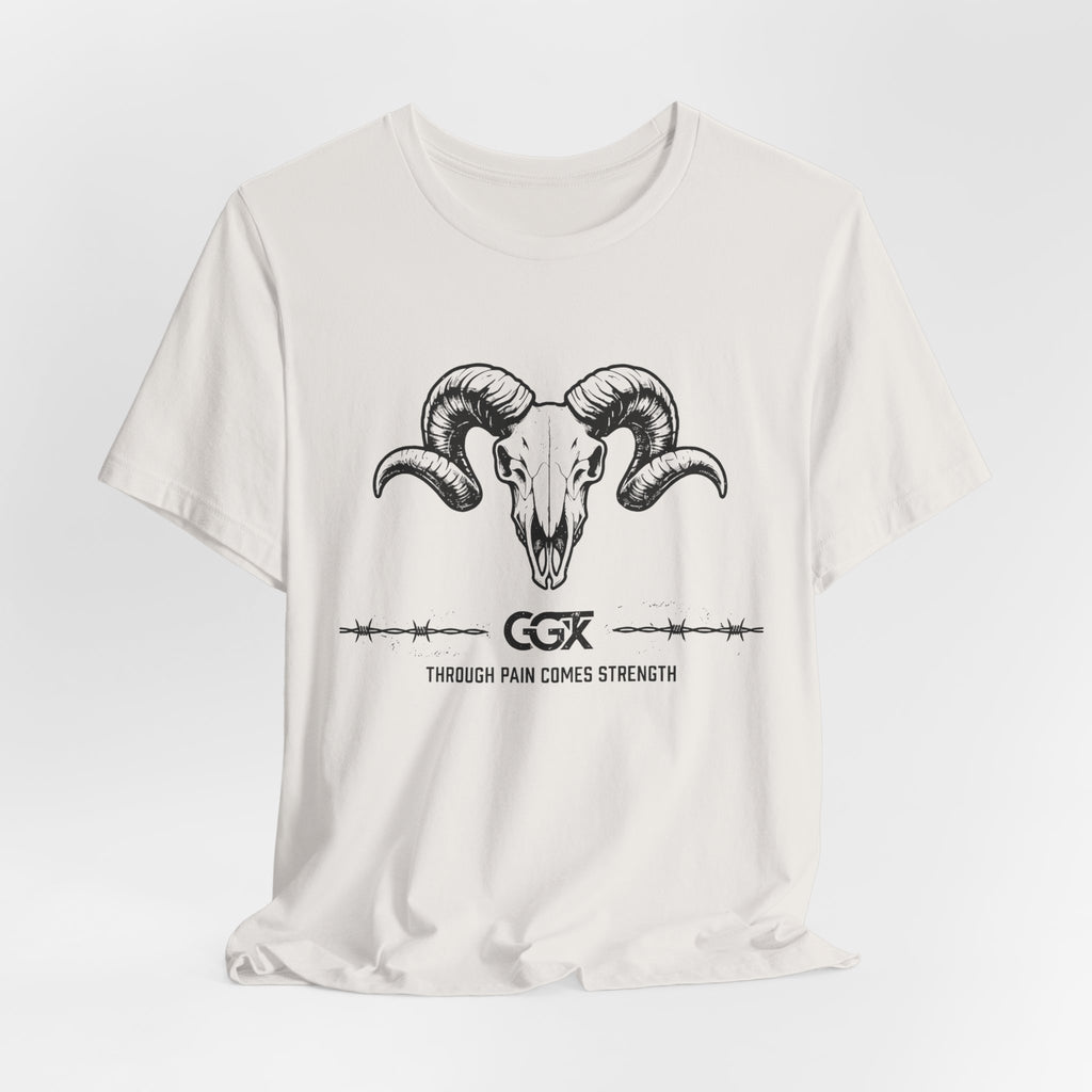 Ram Skull Graphic Tee — "Through Pain Comes Strength" Motivational T-Shirt