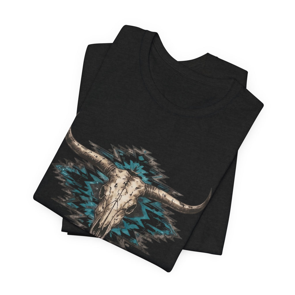 Southwestern Bull Skull Tee — Aztec Pattern Western T-Shirt