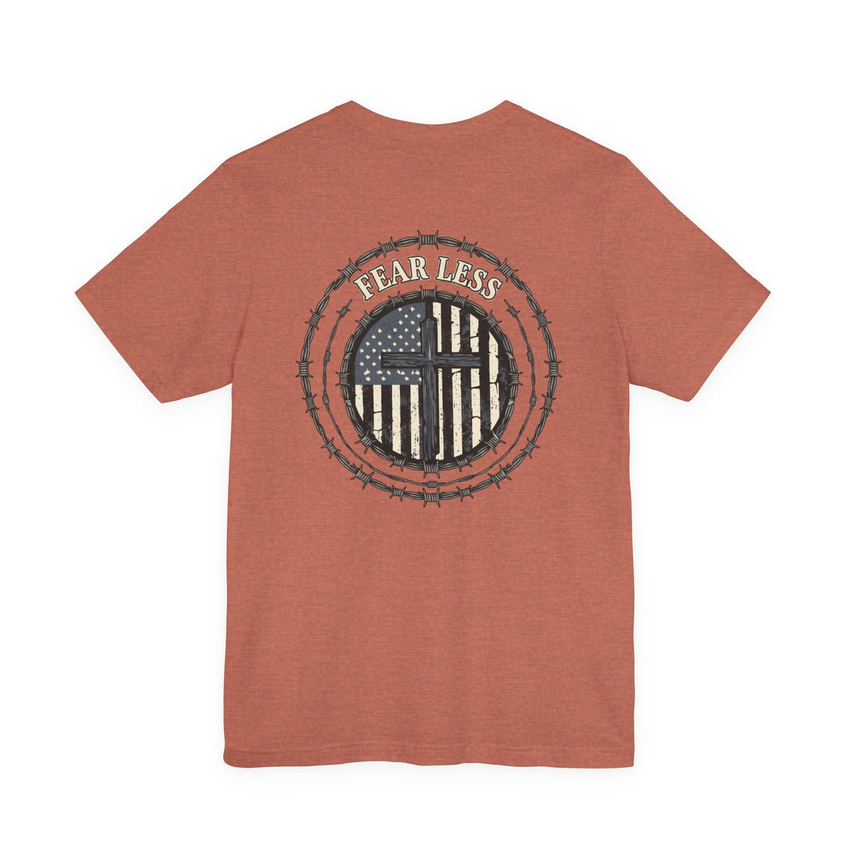Fearless American Flag T‑Shirt — Distressed Barbed Wire Military Patriotic Tee