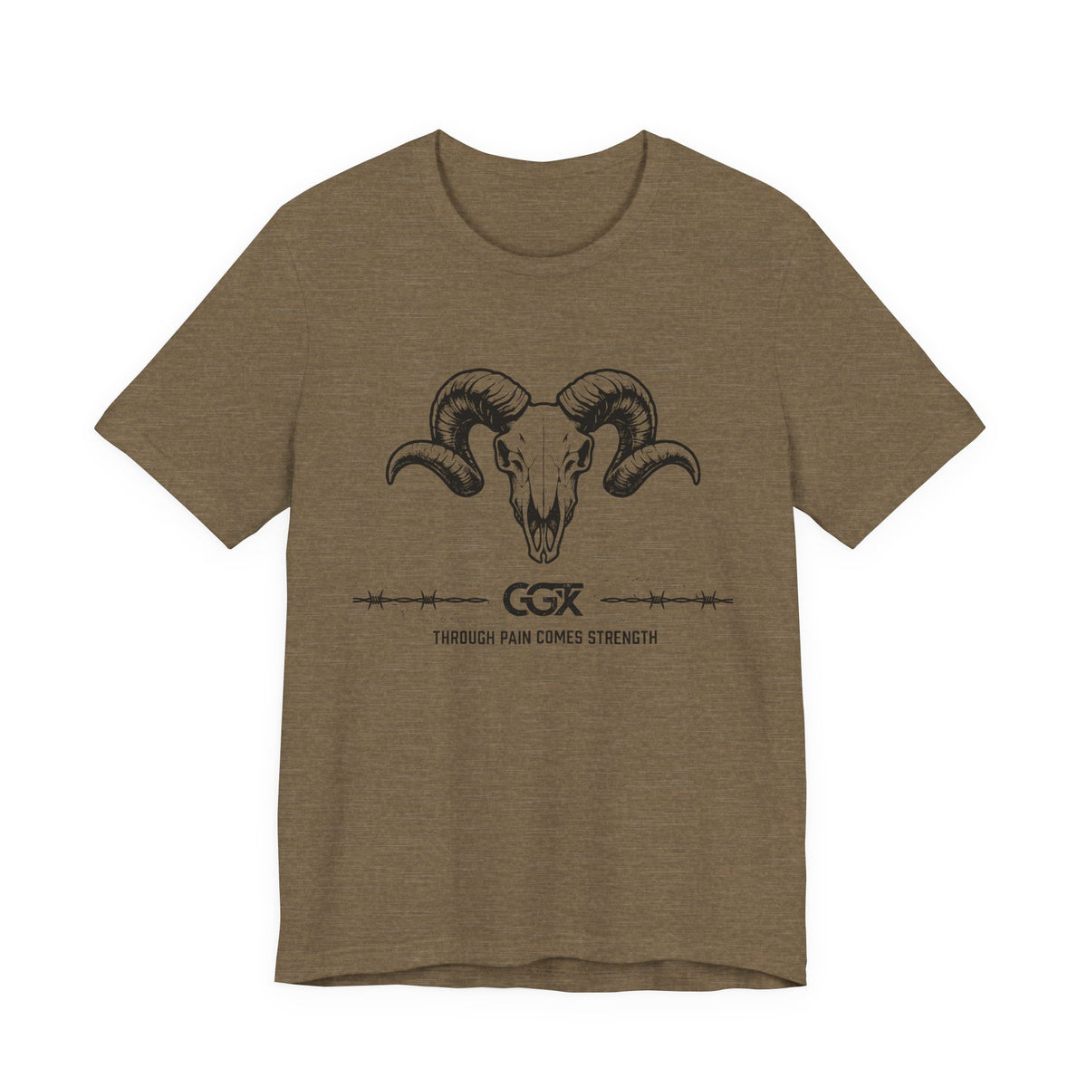 Ram Skull Graphic Tee — "Through Pain Comes Strength" Motivational T-Shirt