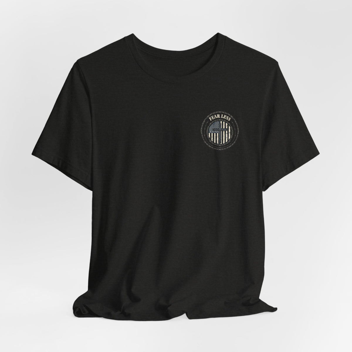 Fearless American Flag T‑Shirt — Distressed Barbed Wire Military Patriotic Tee
