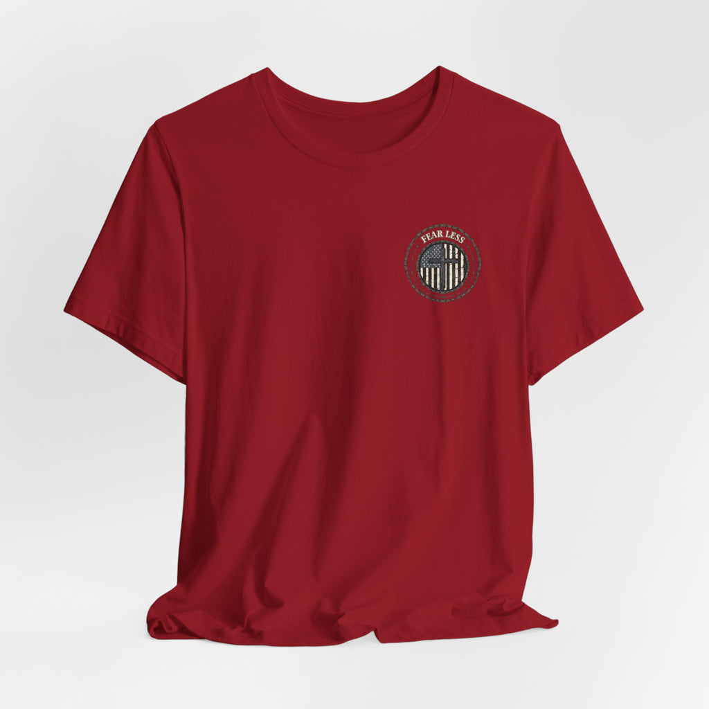 Fearless American Flag T‑Shirt — Distressed Barbed Wire Military Patriotic Tee