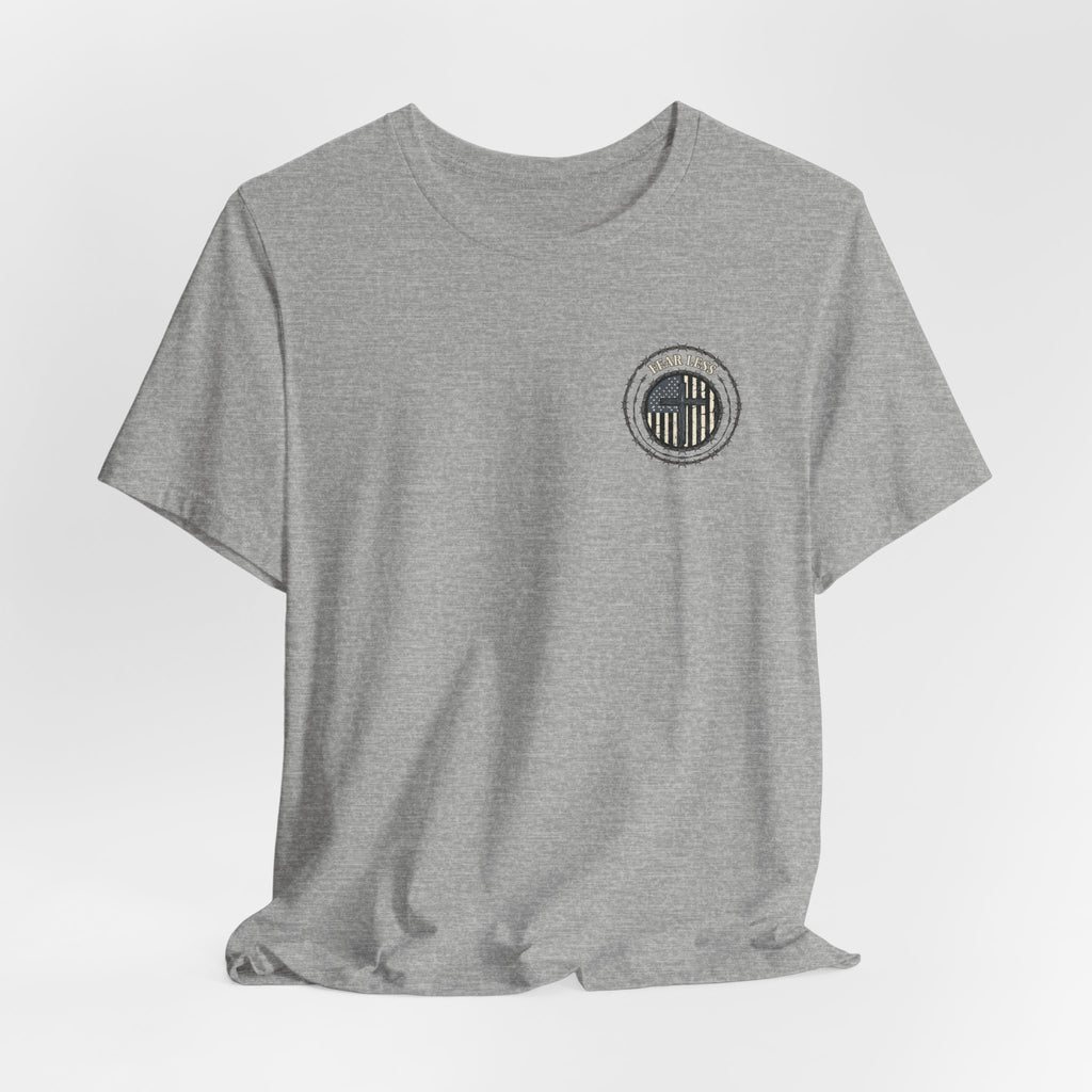 Fearless American Flag T‑Shirt — Distressed Barbed Wire Military Patriotic Tee