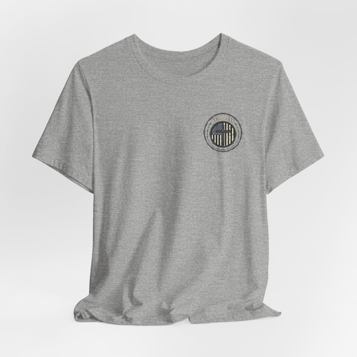 Fearless American Flag T‑Shirt — Distressed Barbed Wire Military Patriotic Tee