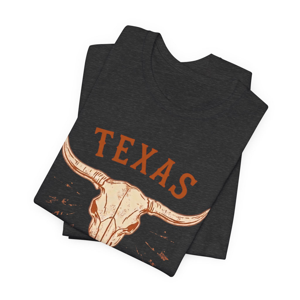 Texas Longhorn Skull T-Shirt — Minimalist Western Graphic Tee, Boho Cowgirl Apparel, Rustic Desert Shirt, Lone Star State Pride Top