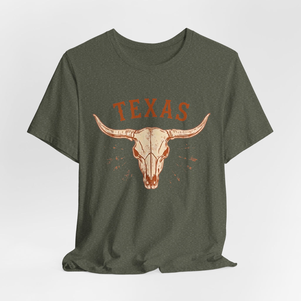 Texas Longhorn Skull T-Shirt — Minimalist Western Graphic Tee, Boho Cowgirl Apparel, Rustic Desert Shirt, Lone Star State Pride Top