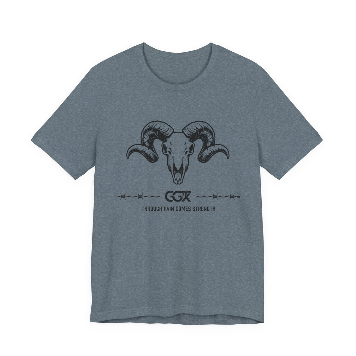 Ram Skull Graphic Tee — "Through Pain Comes Strength" Motivational T-Shirt