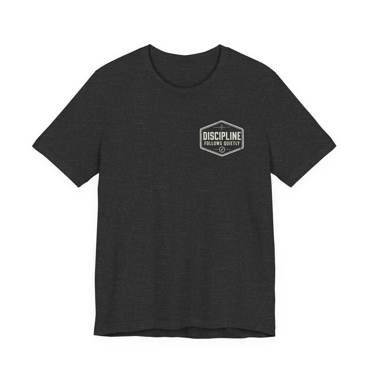 "Discipline Follows Quietly" Motivational Badge Graphic Tee