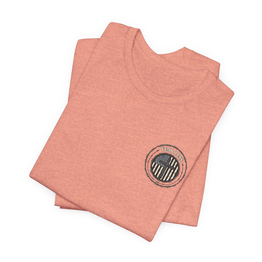 Fearless American Flag T‑Shirt — Distressed Barbed Wire Military Patriotic Tee