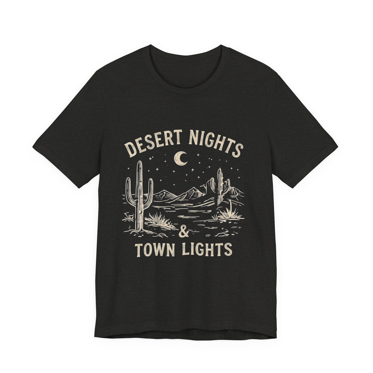 Desert Nights & Town Lights T-Shirt — Cactus Graphic Tee, Western Night Sky Apparel, Boho Desert Shirt, Country Music Top