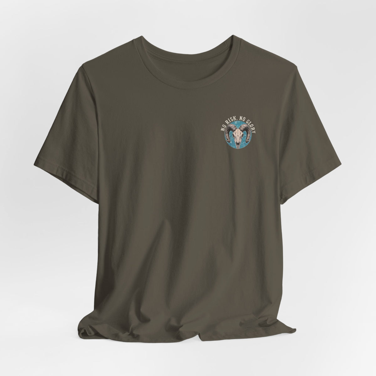 Ram Skull Tee — Vintage Ram Skull Graphic T-Shirt (Back Print: "No Risk No Glory")