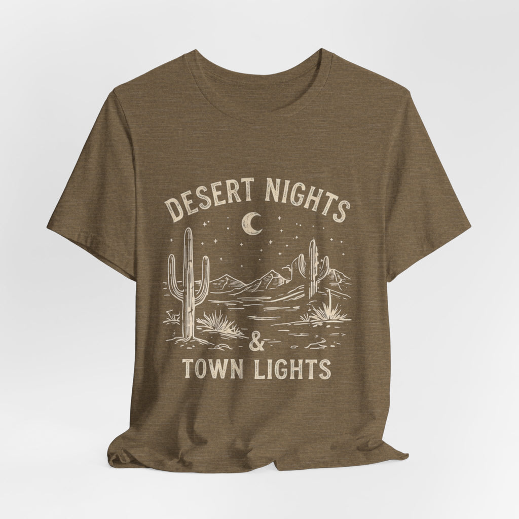 Desert Nights & Town Lights T-Shirt — Cactus Graphic Tee, Western Night Sky Apparel, Boho Desert Shirt, Country Music Top