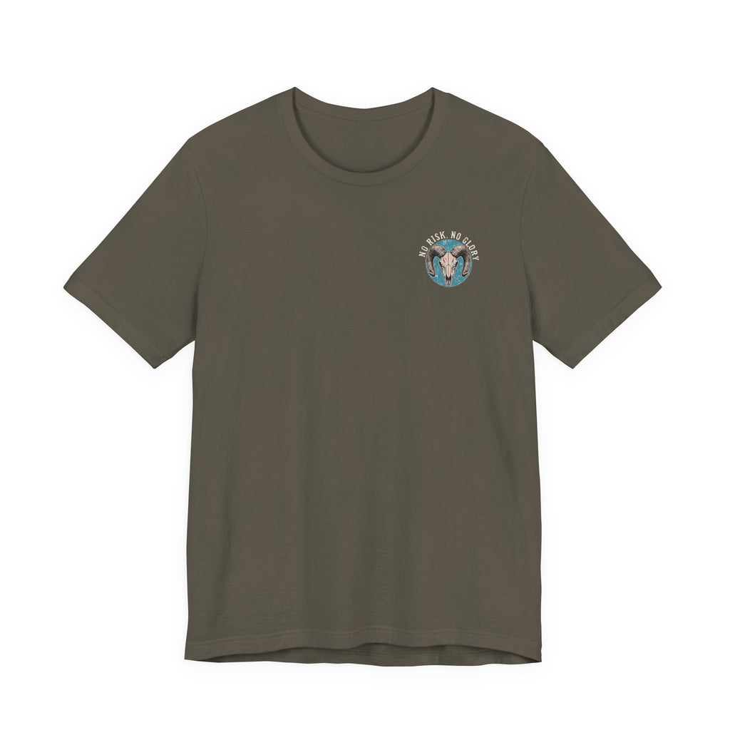 Ram Skull Tee — Vintage Ram Skull Graphic T-Shirt (Back Print: "No Risk No Glory")
