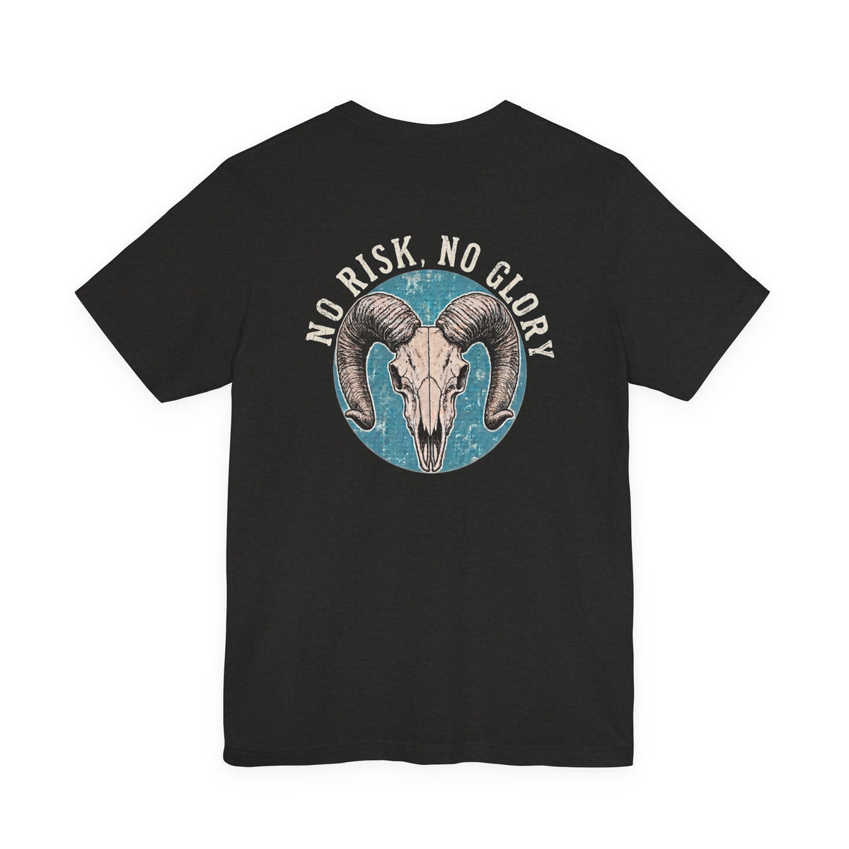 Ram Skull Tee — Vintage Ram Skull Graphic T-Shirt (Back Print: "No Risk No Glory")