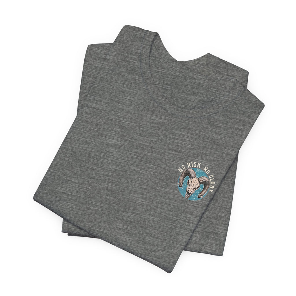 Ram Skull Tee — Vintage Ram Skull Graphic T-Shirt (Back Print: "No Risk No Glory")